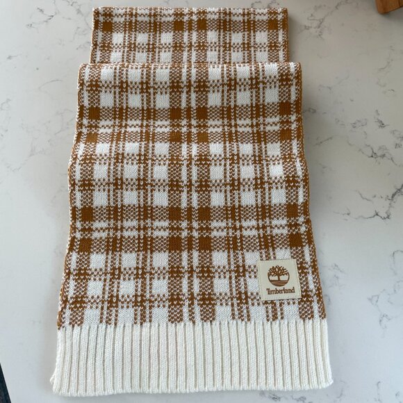 Timberland Cozy Casual Acrylic Knit Plaid Scarf Cream & Caramel Brown Sz OS NWT - Picture 3 of 11